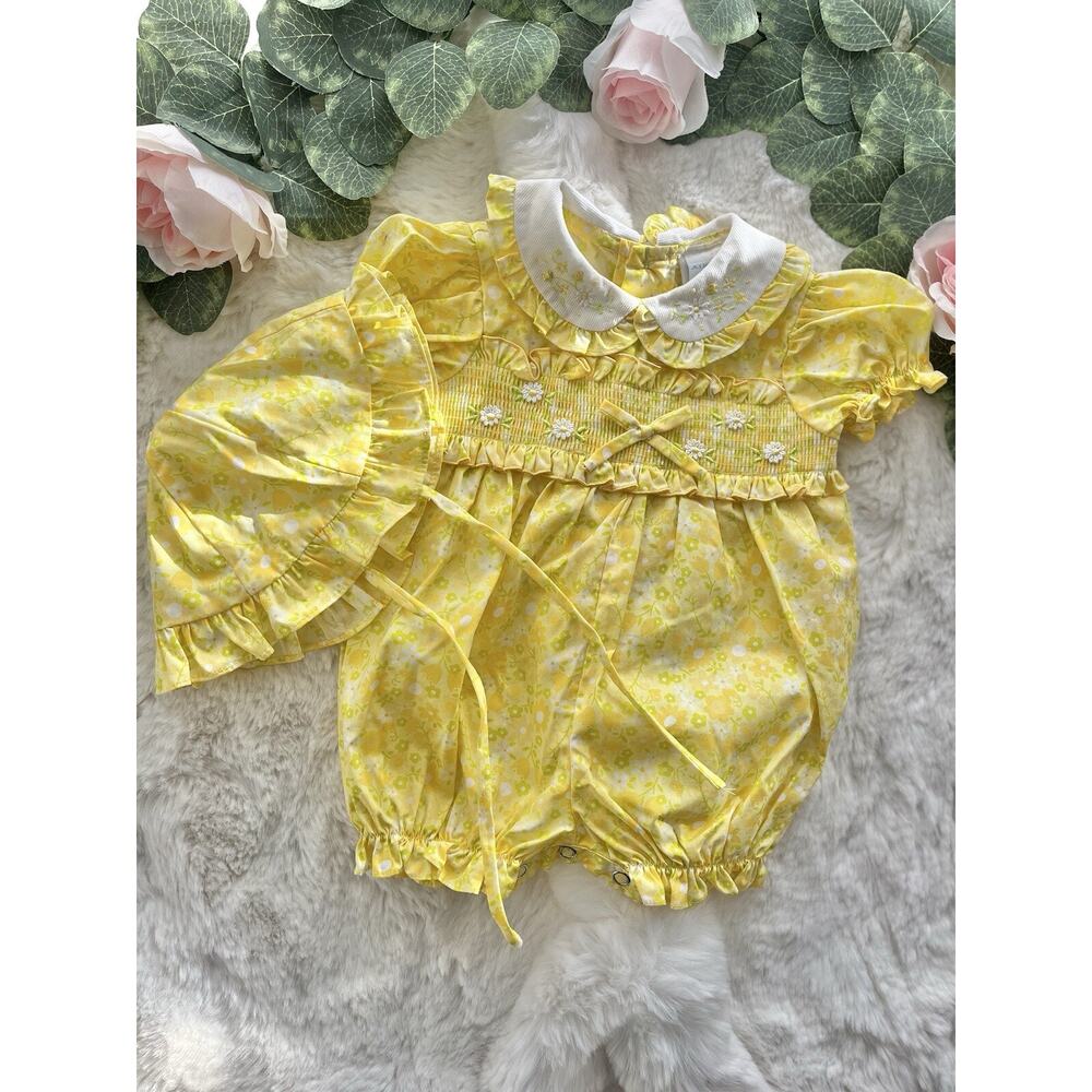 Vintage A Little Angel Smocked Floral Romper with Matching Hat